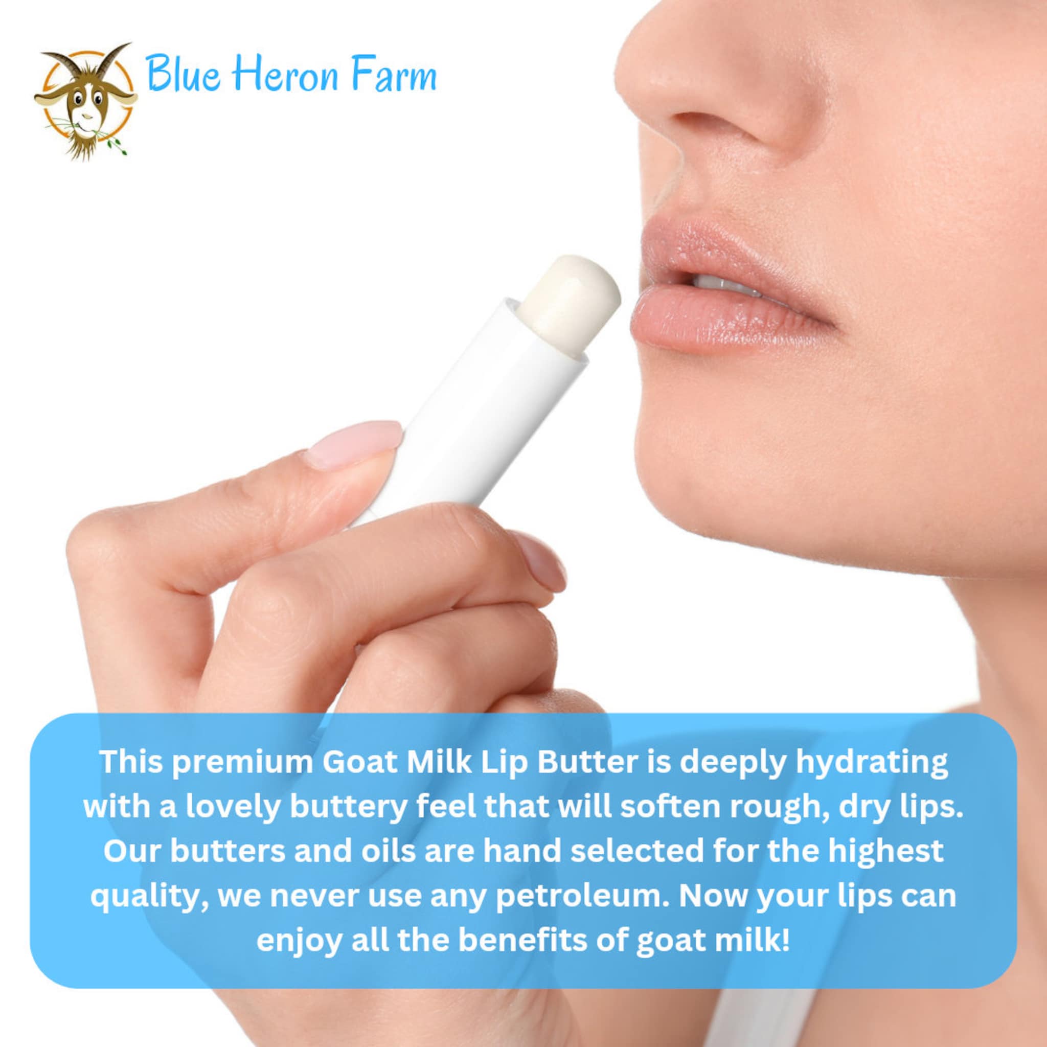 Lip balm white tube being applied to lips, Blue Heron Farm branding visible