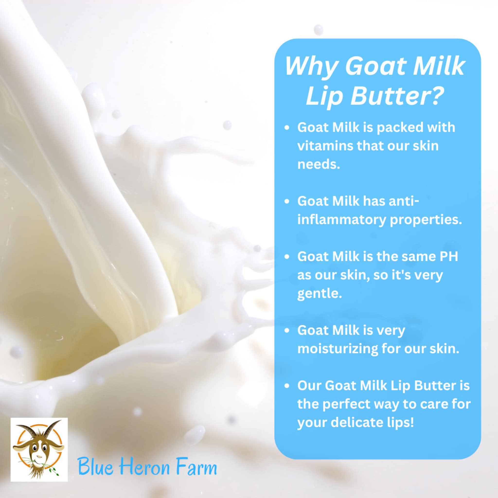 Goat milk product image with white liquid splash, blue text box, and Blue Heron Farm logo