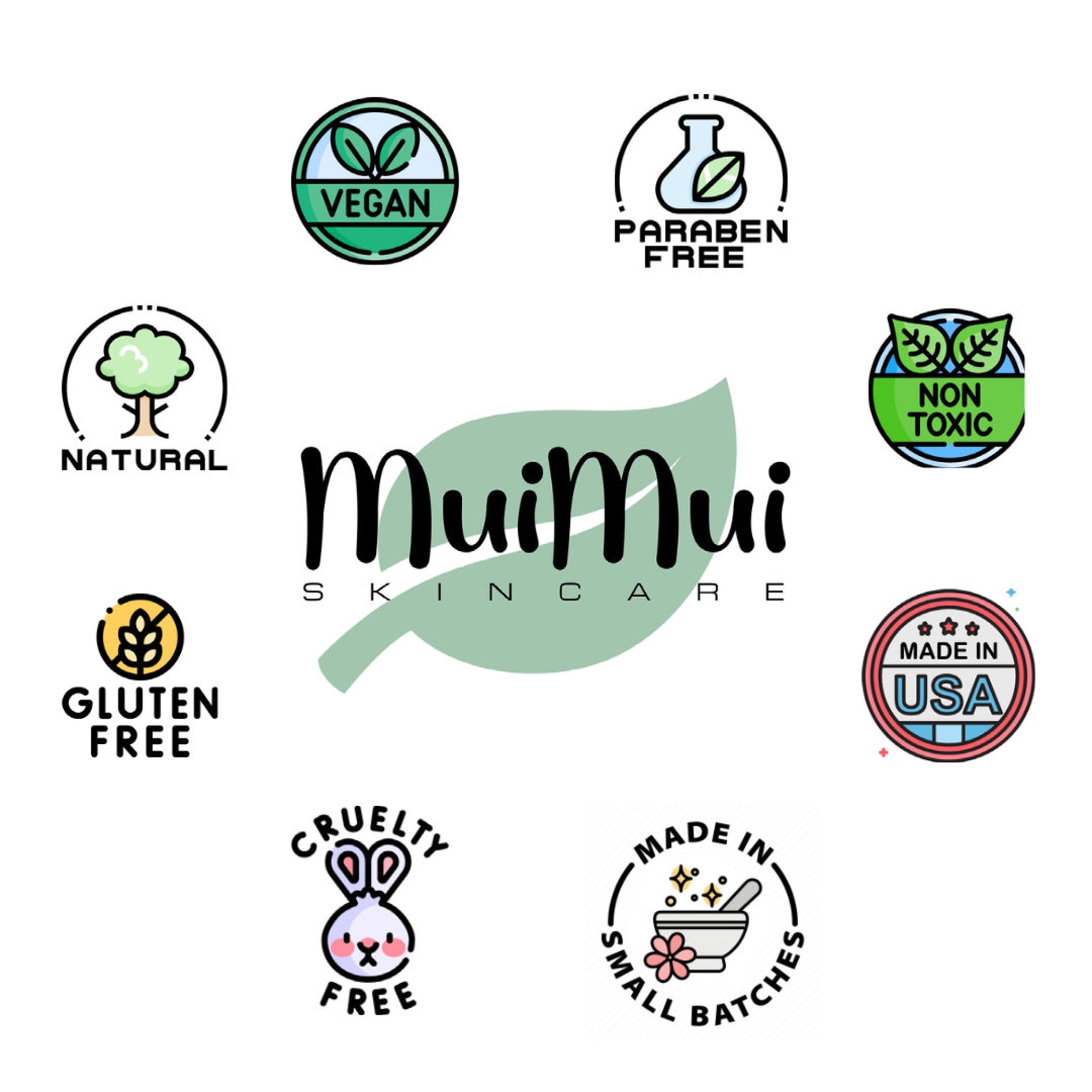 MuiMui skincare logos in green, black, red, and white, with text labels for product features