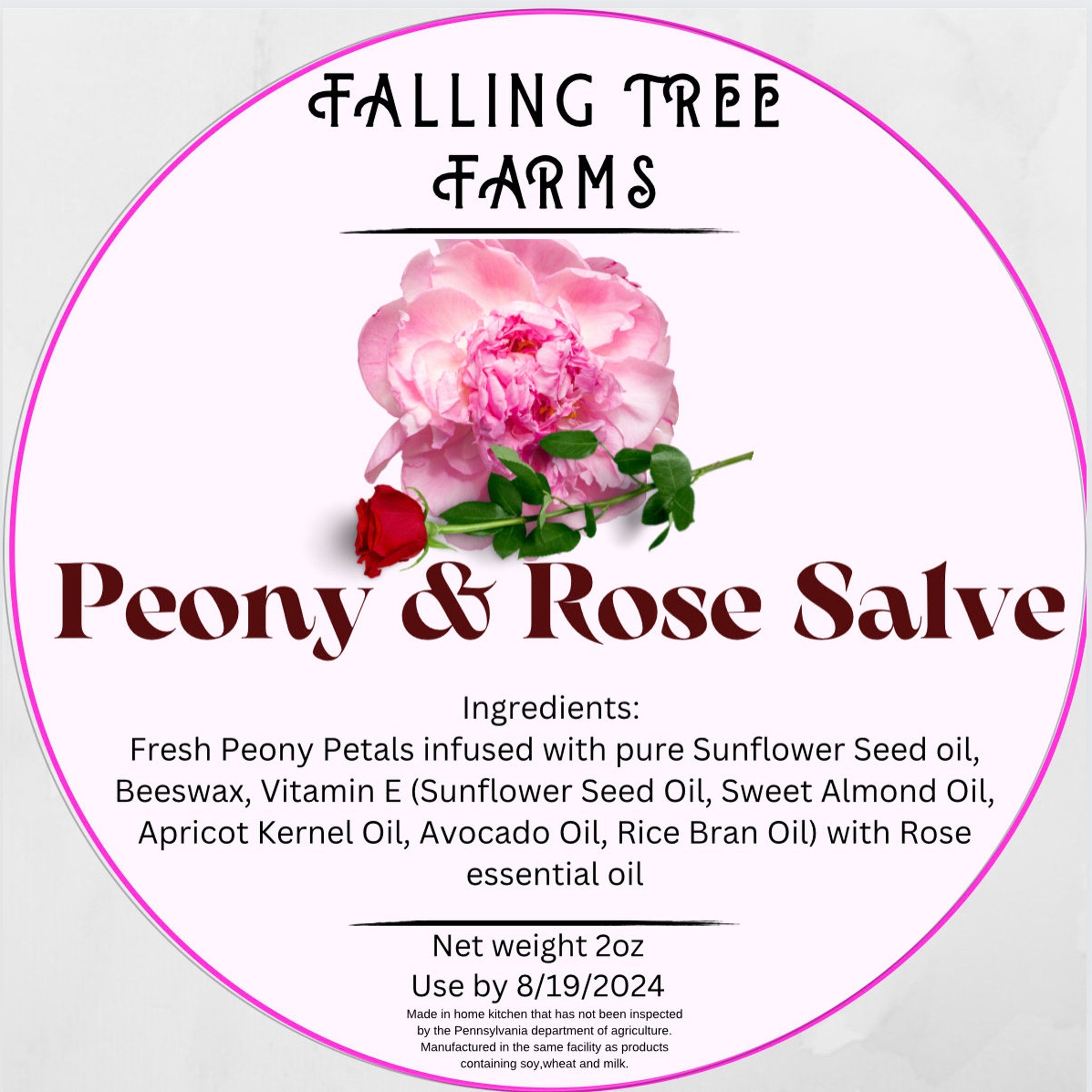 Peony & Rose Salve label with pink and white floral design, Falling Tree Farms brand