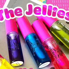 Lip gloss tubes with pink caps, various colored liquids, and Chlora Bella branding