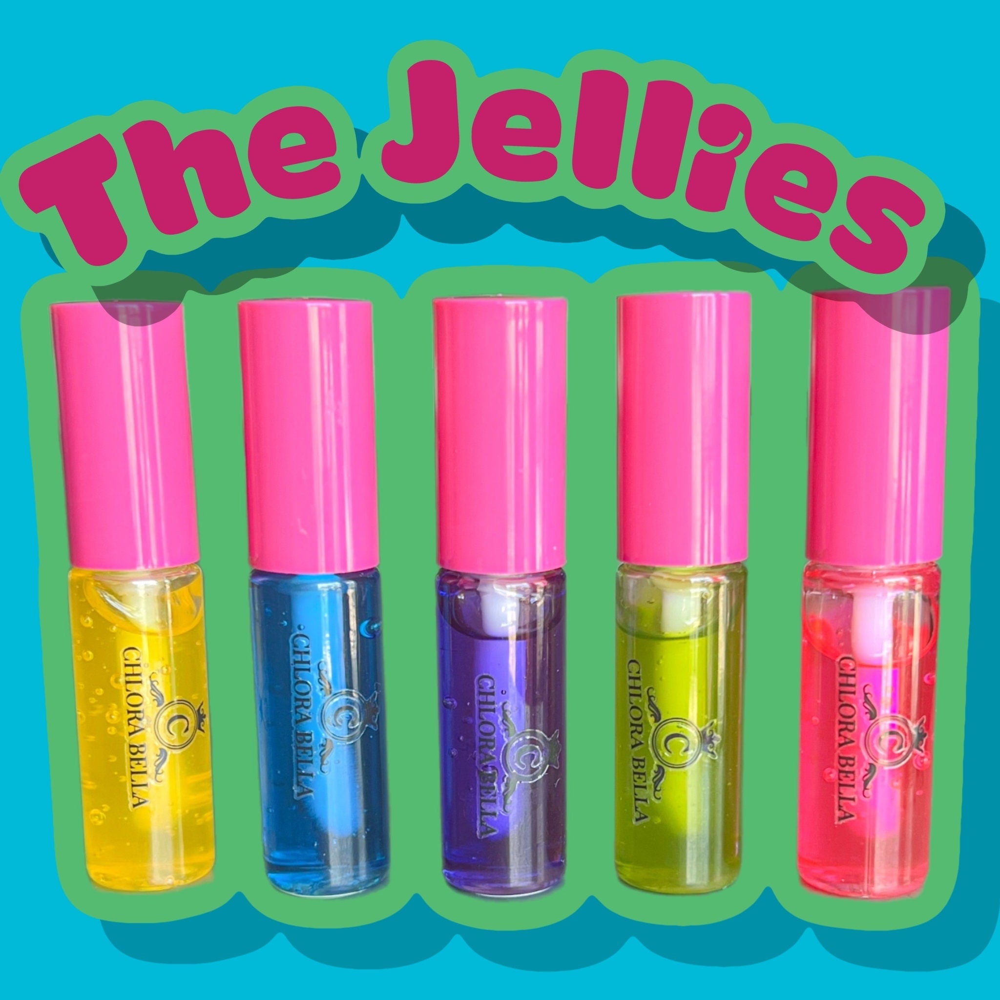 Lip gloss bottles with pink caps, various colored liquids, and "CHLORA BELLA" text