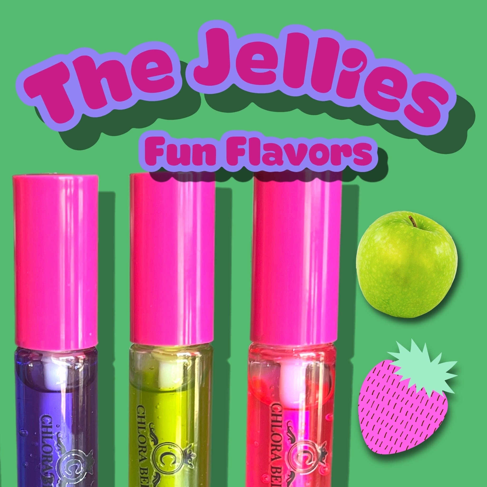 Lip gloss tubes with pink caps, various colored liquids, and "Chlora Bel" text on green background