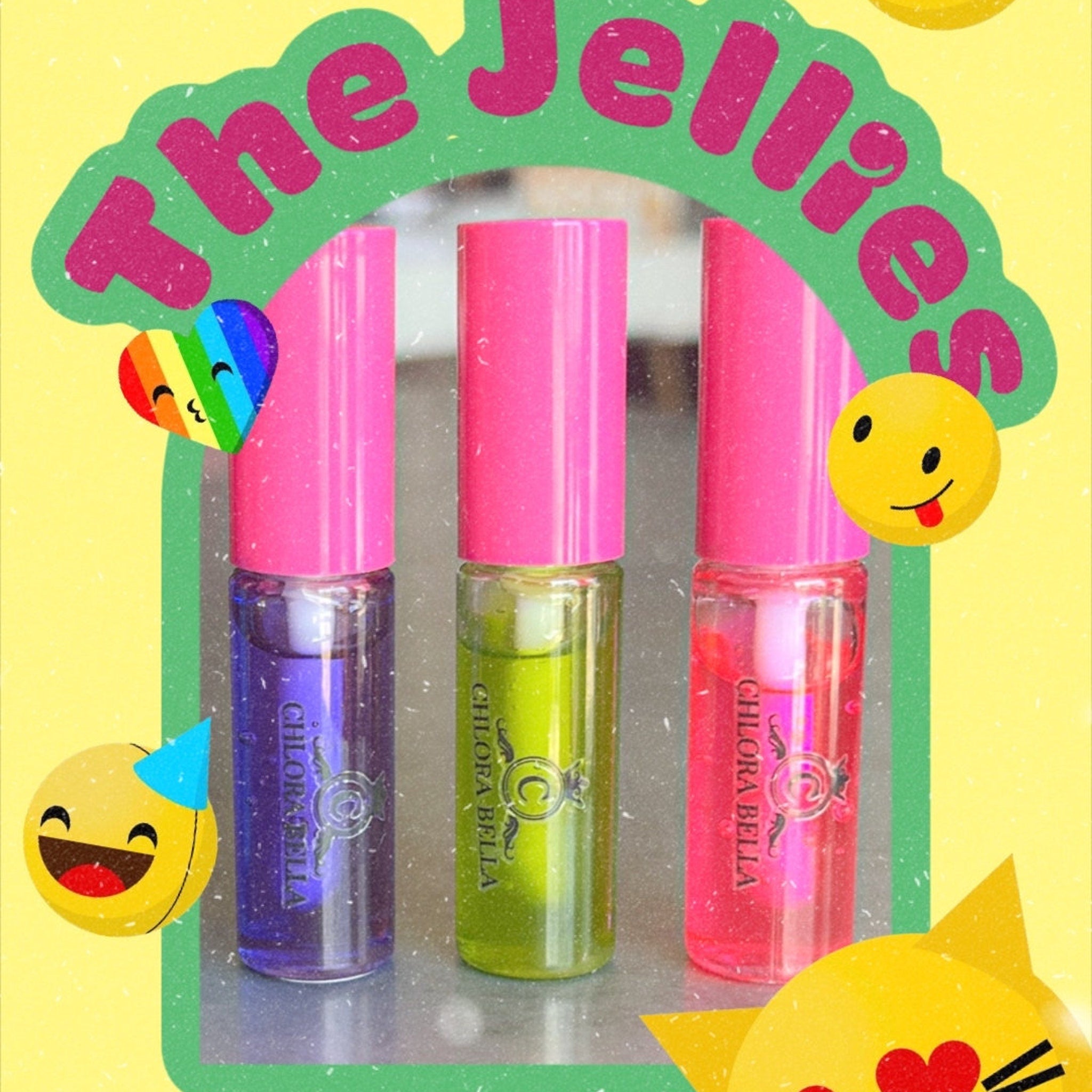 Lip gloss bottles with pink caps, various colors, and "CHLORA BELLA" text visible
