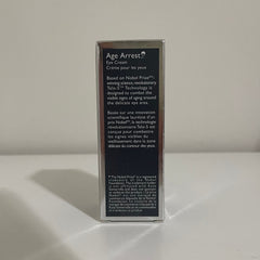 Eye cream box with black and silver text, Age Arrest brand name visible, for anti-aging