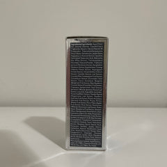 Ingredients list on a gray and silver box, with a white background, ingredients listed in black text