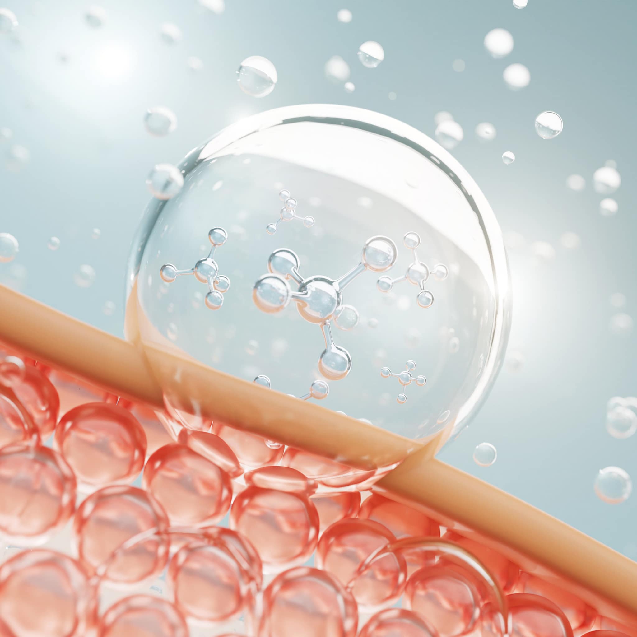 Molecular structure illustration with clear, transparent sphere and red, orange bubbles in background