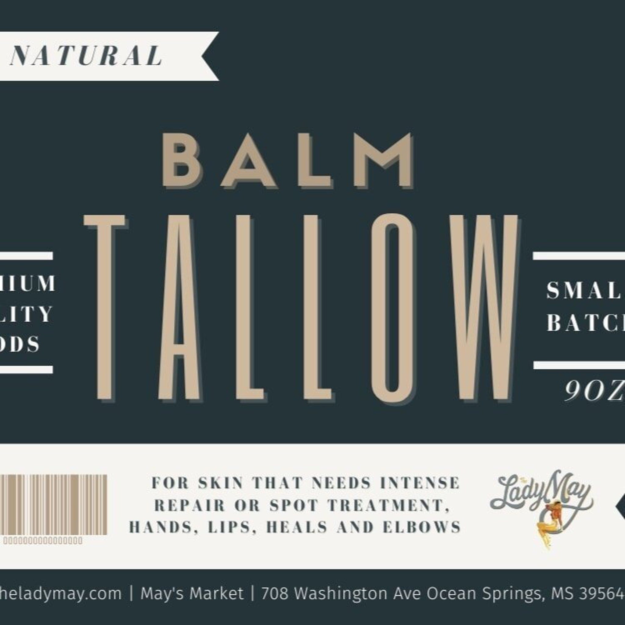 Balm Tallow product label with beige text on a dark teal background, Lady May logo visible, for skin repair