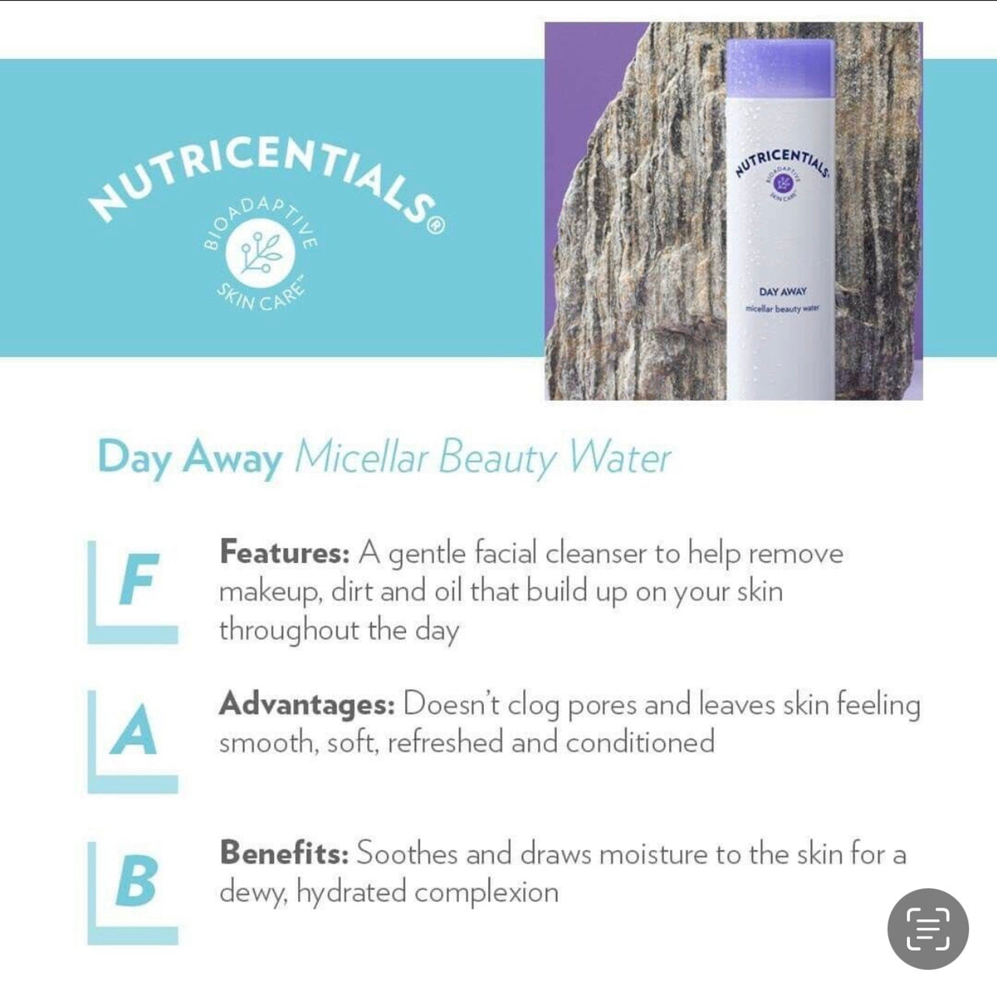 Micellar beauty water bottle, white, purple cap, with Nutricentials logo and text