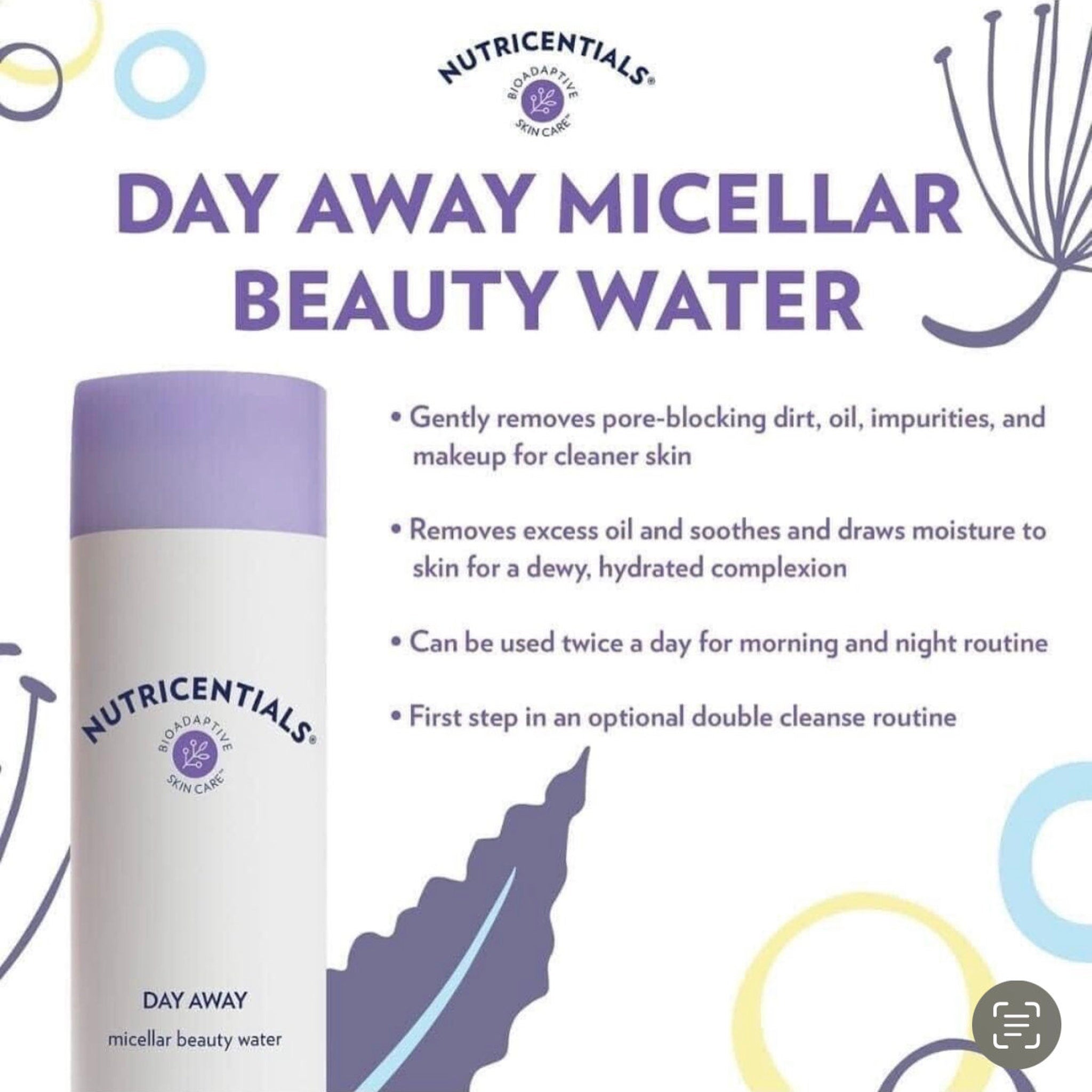Micellar beauty water bottle with purple cap, white body, and Nutricentials brand text