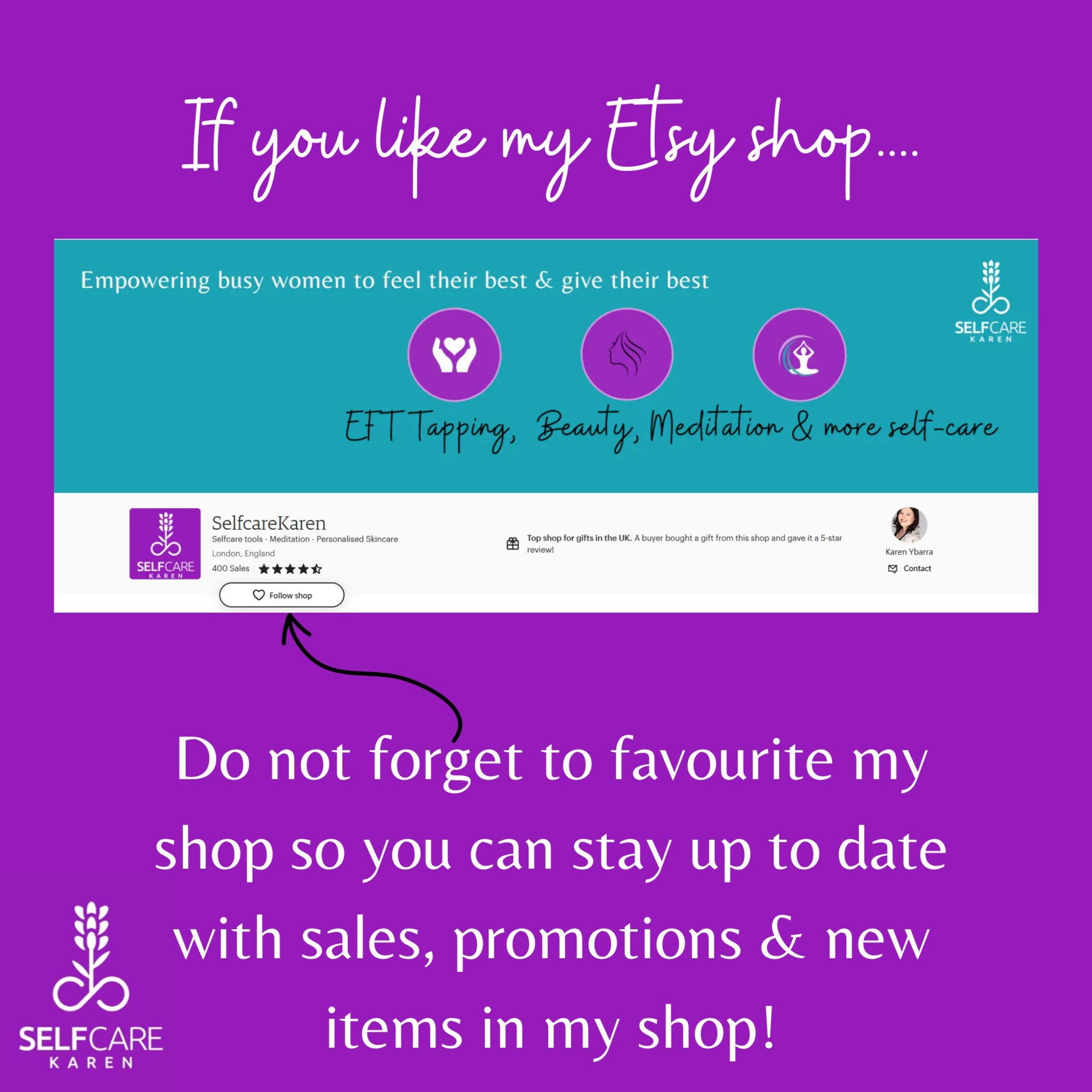 Self-care Etsy shop promotion with purple background, white text, and SelfcareKaren logo