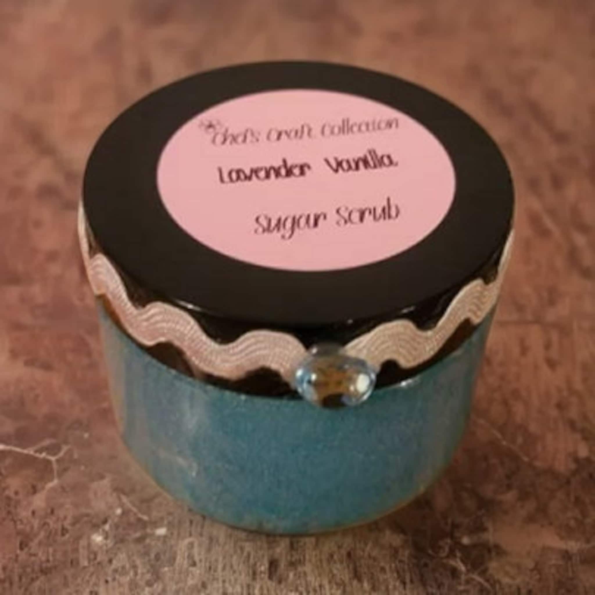 Sugar Scrub jar, teal and black, with pink label and decorative trim, Chef's Craft Collection text visible