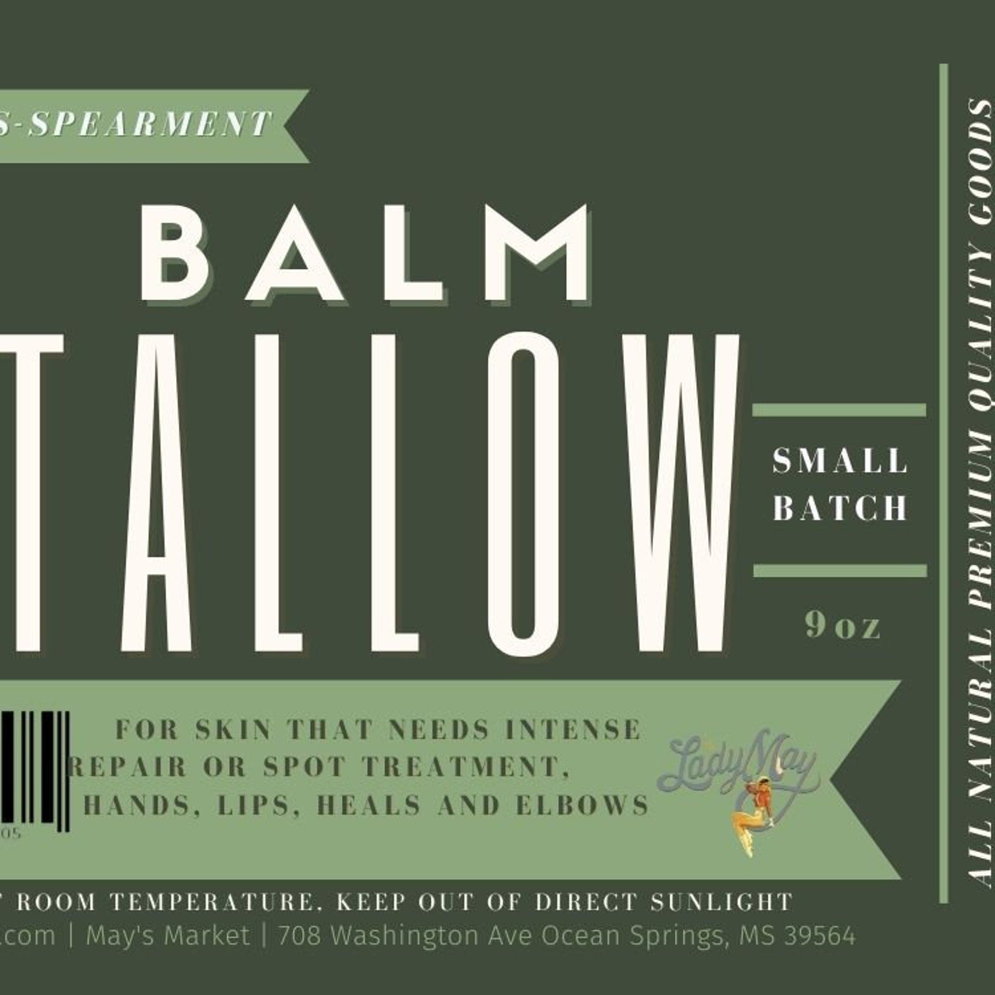 Balm Tallow product label with green and white text, Lady May logo, for skin treatment
