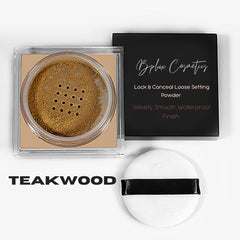 Loose setting powder in gold, clear container, with black lid and powder puff
