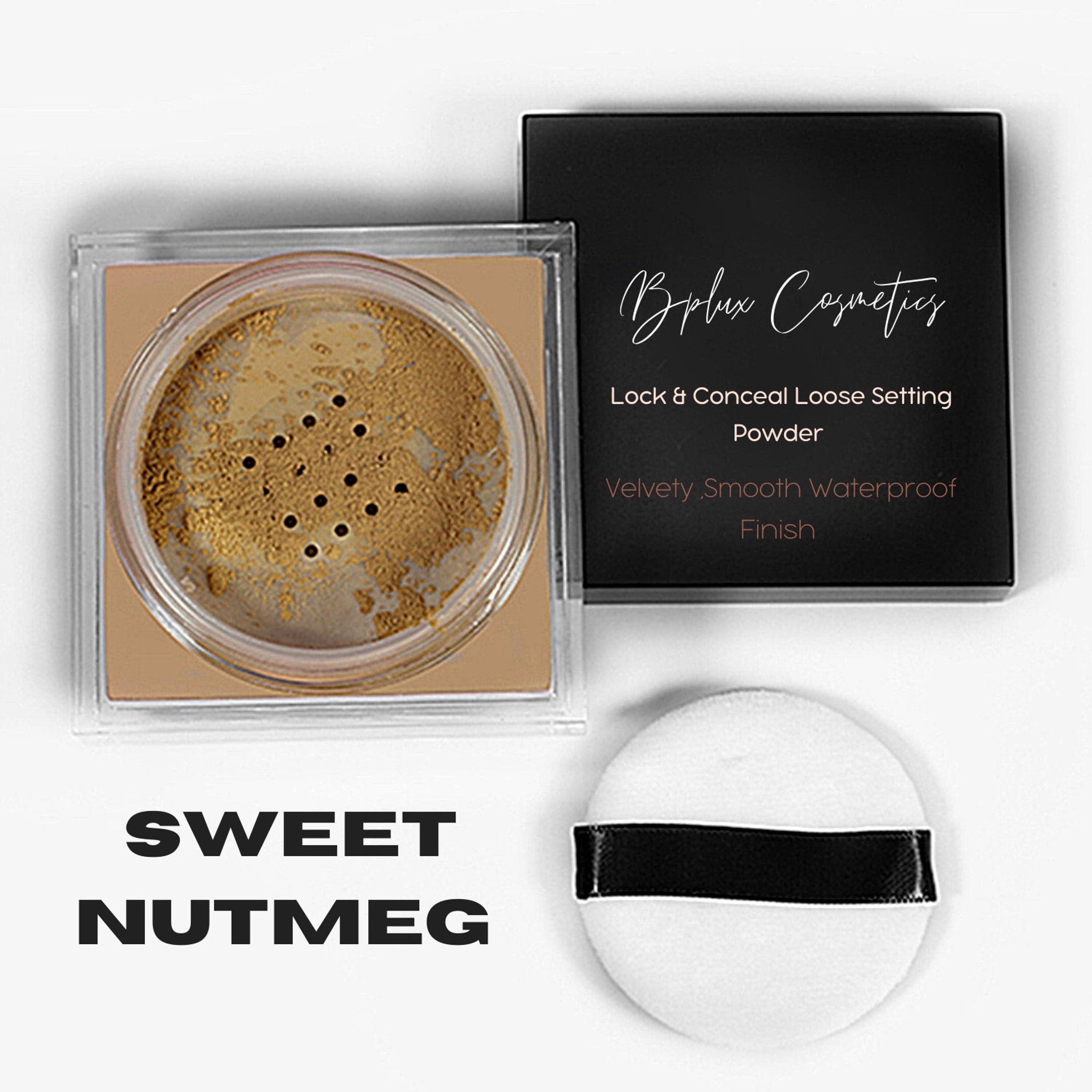 Loose setting powder in gold and tan tones with BPLUX branding and powder puff shown