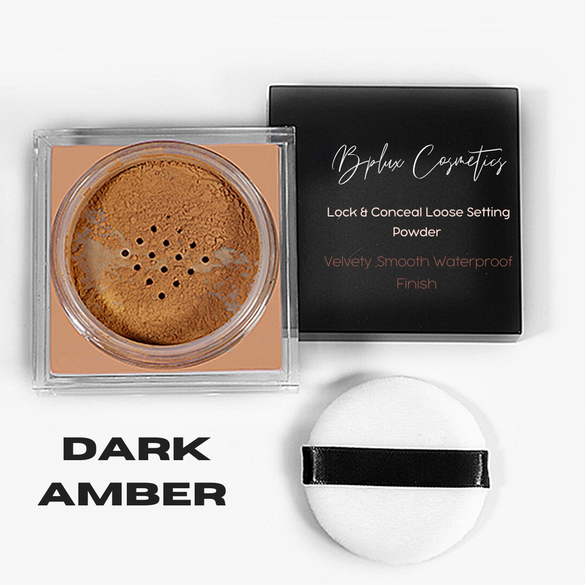 Loose setting powder in dark amber color, with a clear container and white puff with black band, BPLUX Cosmetics