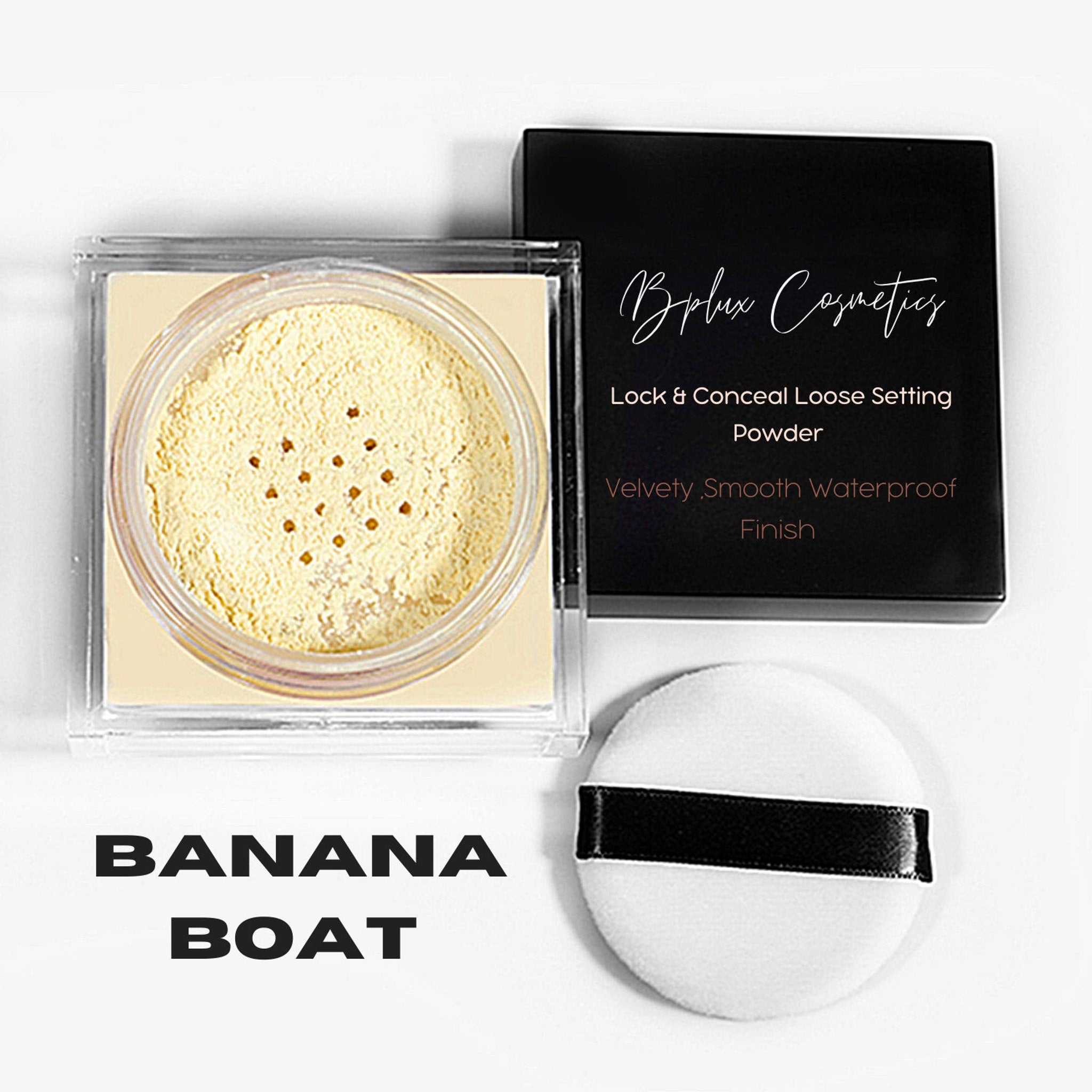 Loose setting powder in yellow, clear container, with BPLUX branding and powder puff