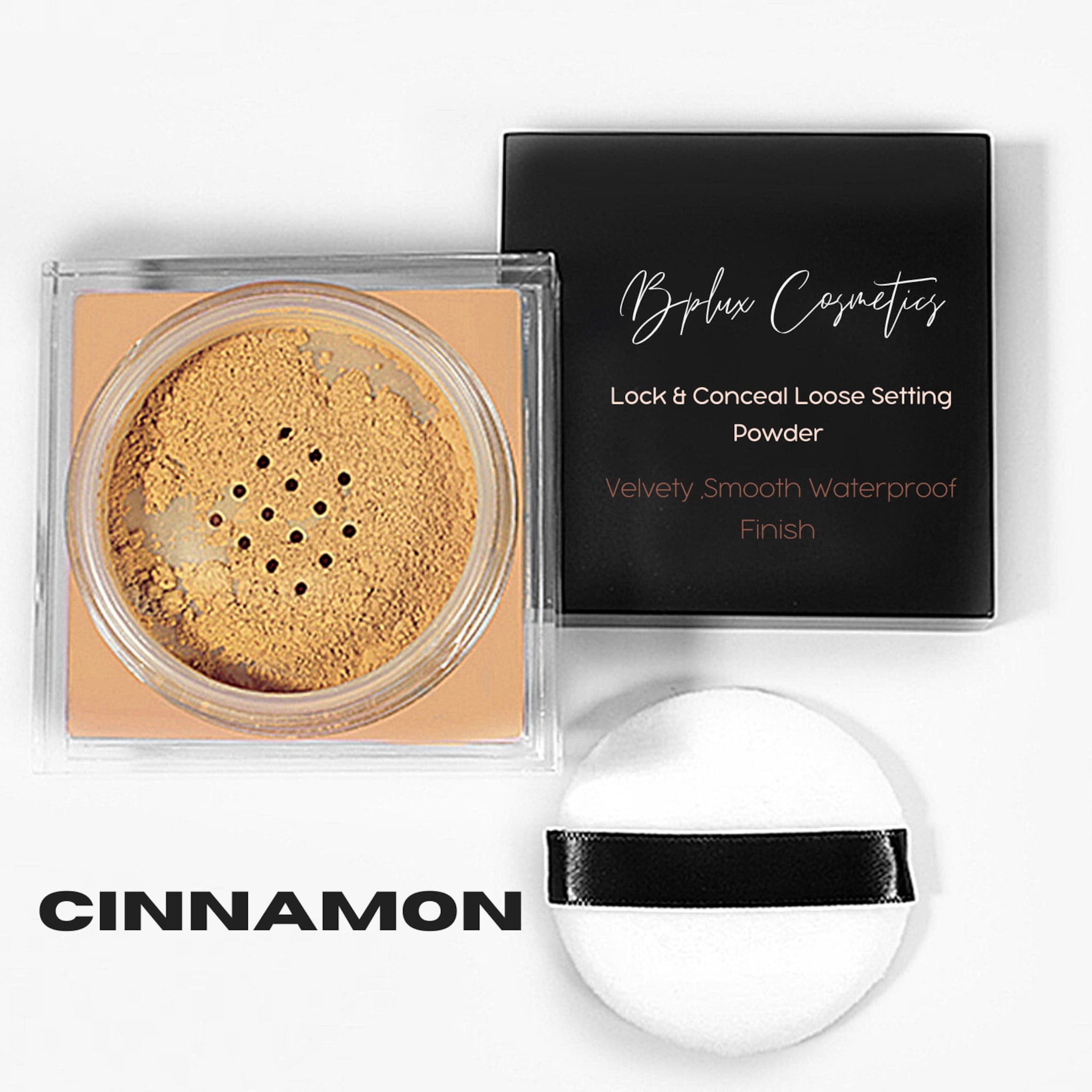 Loose setting powder with BPLUX branding, tan powder in clear container, white puff with black band