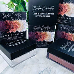 Loose setting powder with black boxes, white text, and BPLUX Cosmetics branding
