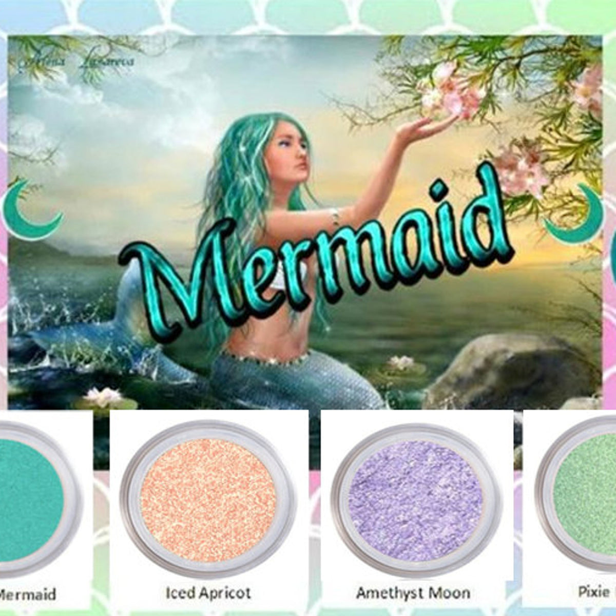 Close-up of sparkling teal and purple mermaid eyeshadow palette with shimmer finish for fantasy looks