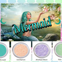 Close-up of sparkling teal and purple mermaid eyeshadow palette with shimmer finish for fantasy looks