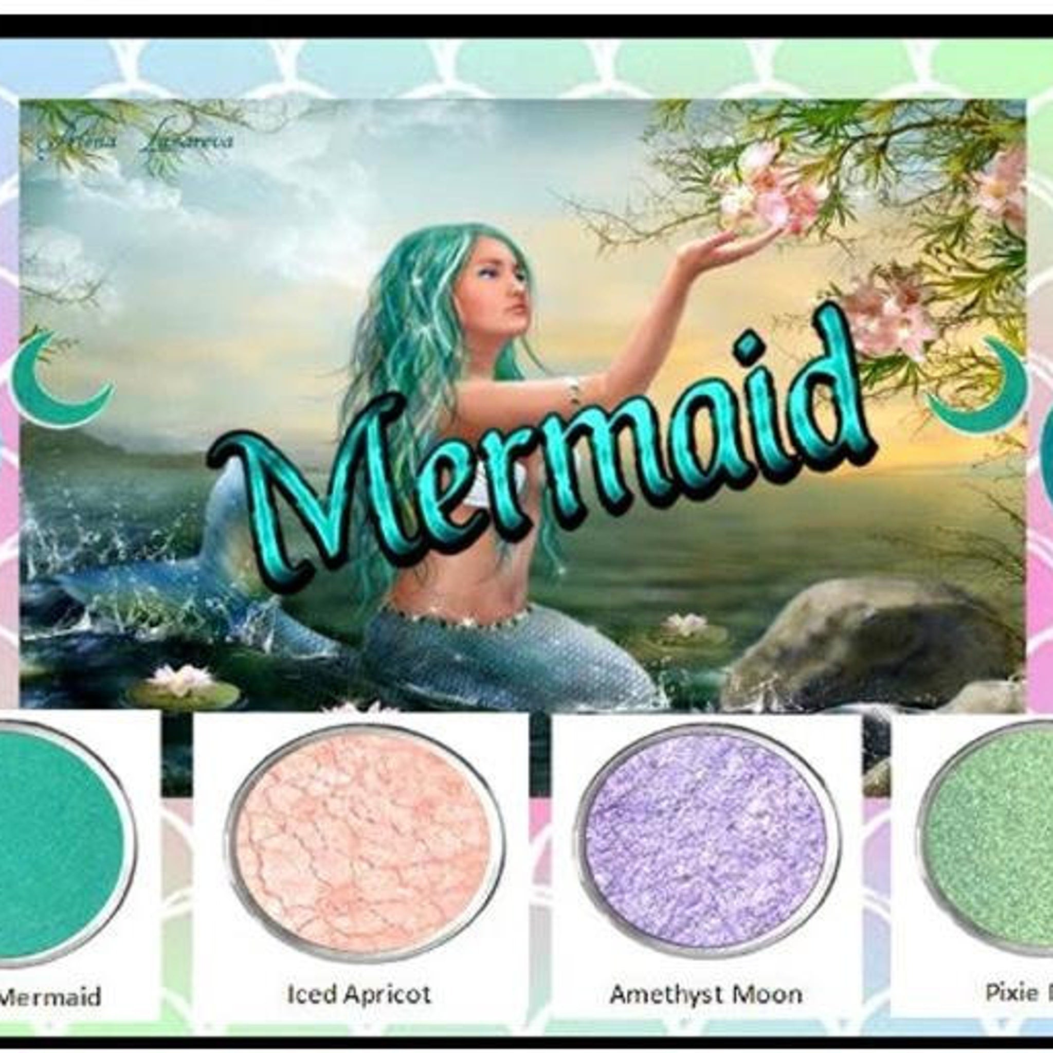 Side view of sparkly mermaid eyeshadow palette showing iridescent teal and purple shades in compact case