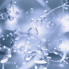 Molecular structure illustration with transparent spheres, blue background, and curved lines