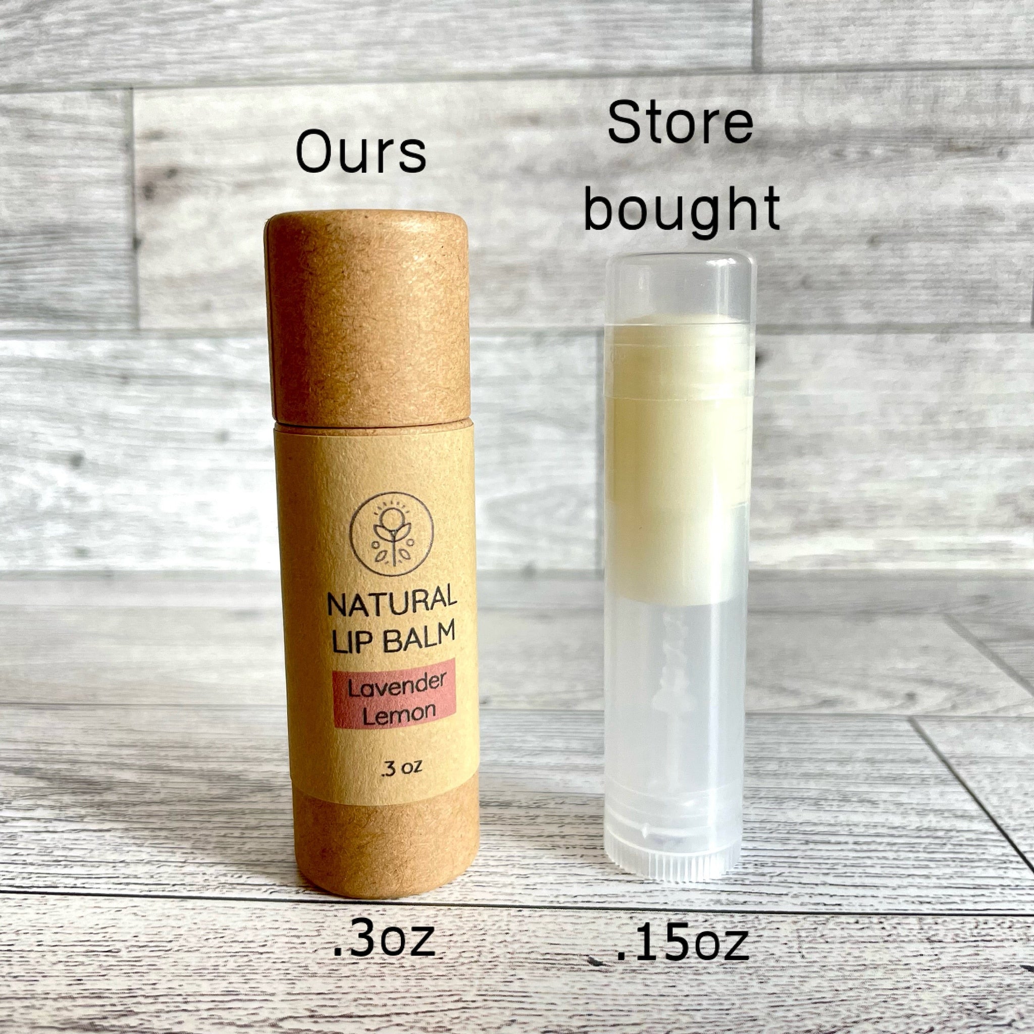 Lip balm comparison with Kind Home & Beauty Co. branding, brown paper tube, clear plastic tube, and .3oz vs .15oz sizes