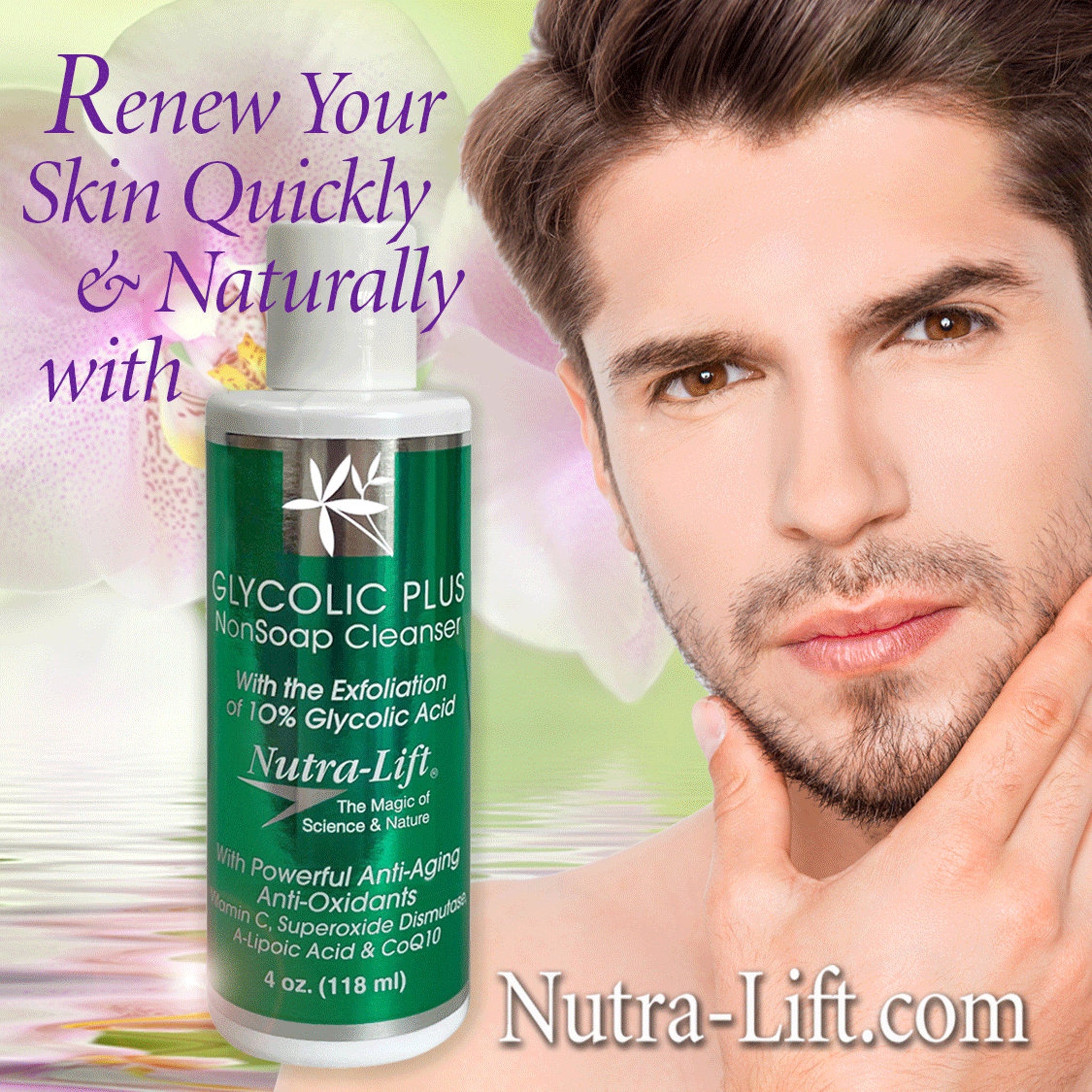 Glycolic cleanser bottle, green and white, with man touching face, Nutra-Lift brand name visible