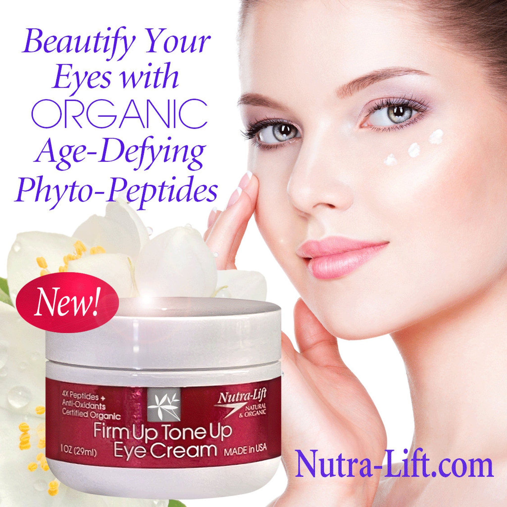 Eye cream jar with white and red label, woman applying cream, Nutra-Lift brand visible
