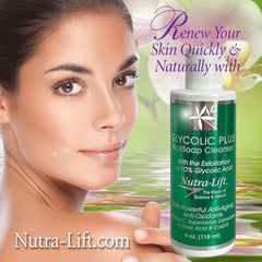 Non-soap cleanser bottle with green and white label, held near woman's face, Nutra-Lift brand