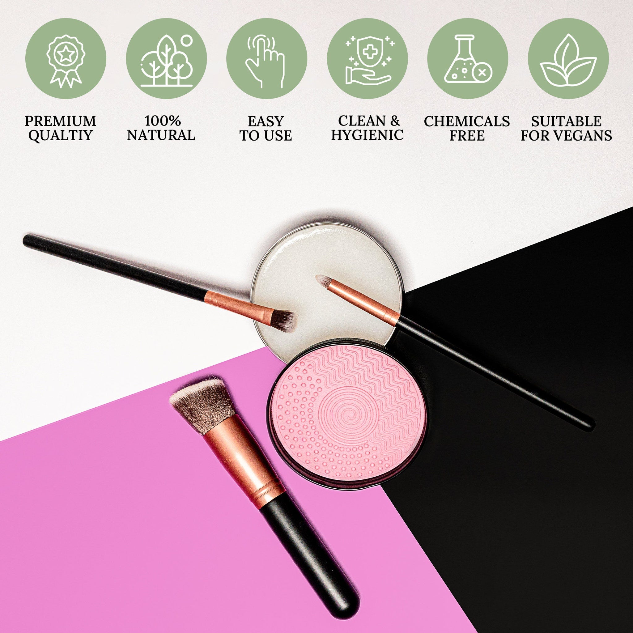 Hand holding vegan brush soap with free scrubber, cleaning makeup brushes in circular motion