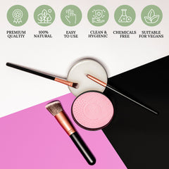 Hand holding vegan brush soap with free scrubber, cleaning makeup brushes in circular motion