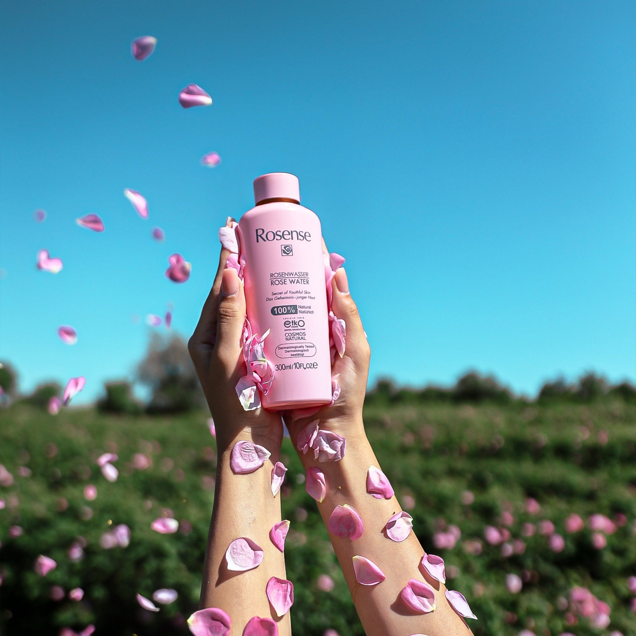 Rose water bottle, pink plastic, held in hands, with falling pink petals and Rosense branding visible