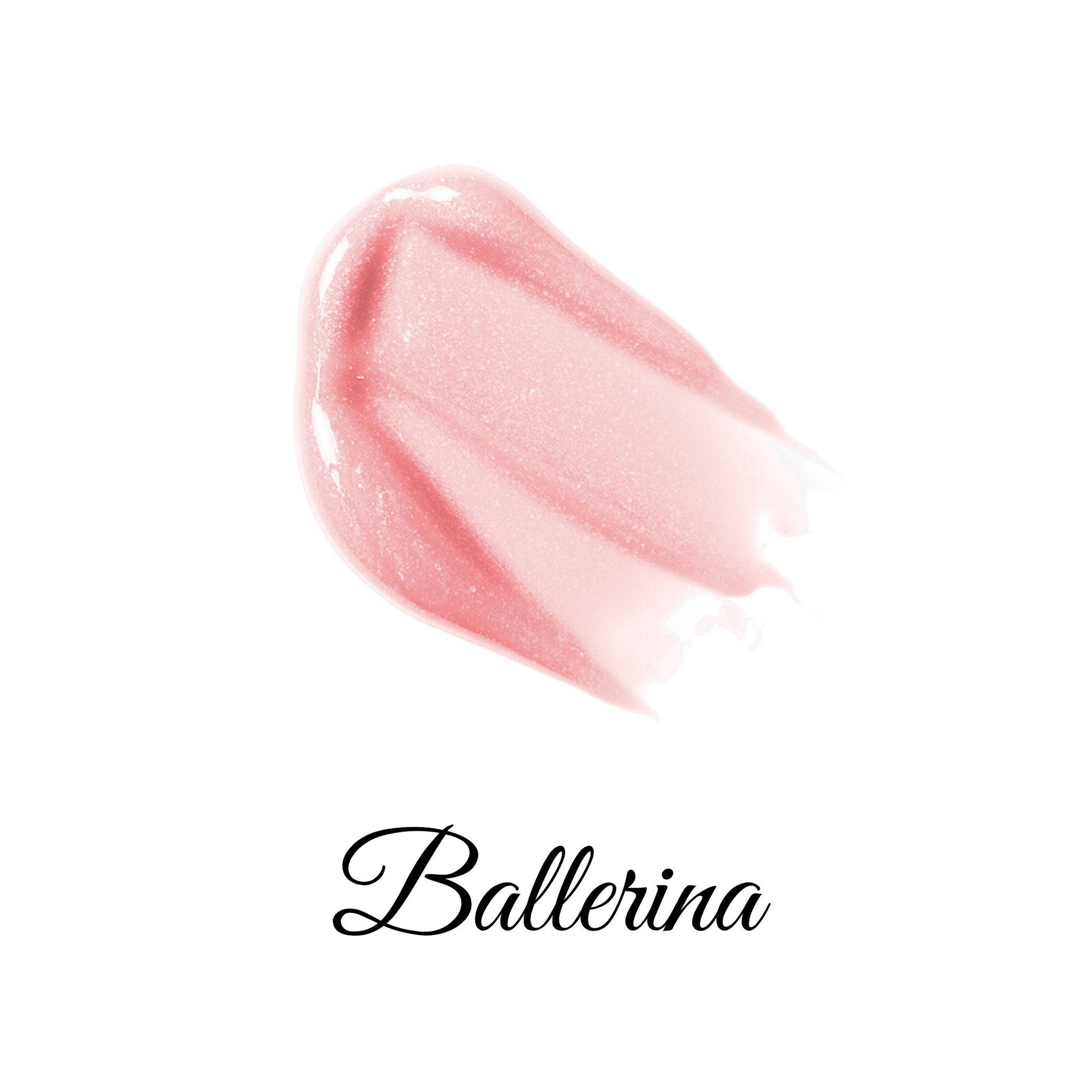 Lip gloss swatch in pink with shimmer, "Ballerina" script text below