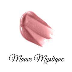Lip gloss swatch in mauve pink with shimmer, "Mauve Mystique" text in script font