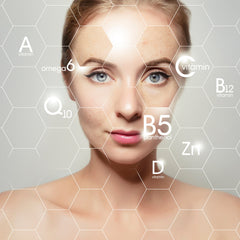 Skin care concept with woman's face, light skin, hexagon overlay, and vitamin labels