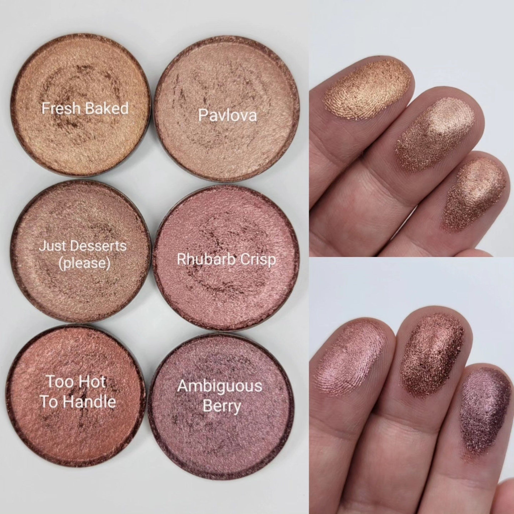 Close-up of beige blush shimmer eyeshadow pan with baked texture and golden flecks