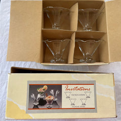 Sundae dishes, clear glass, scalloped rim, in box labeled "Invitations" with 4 dishes