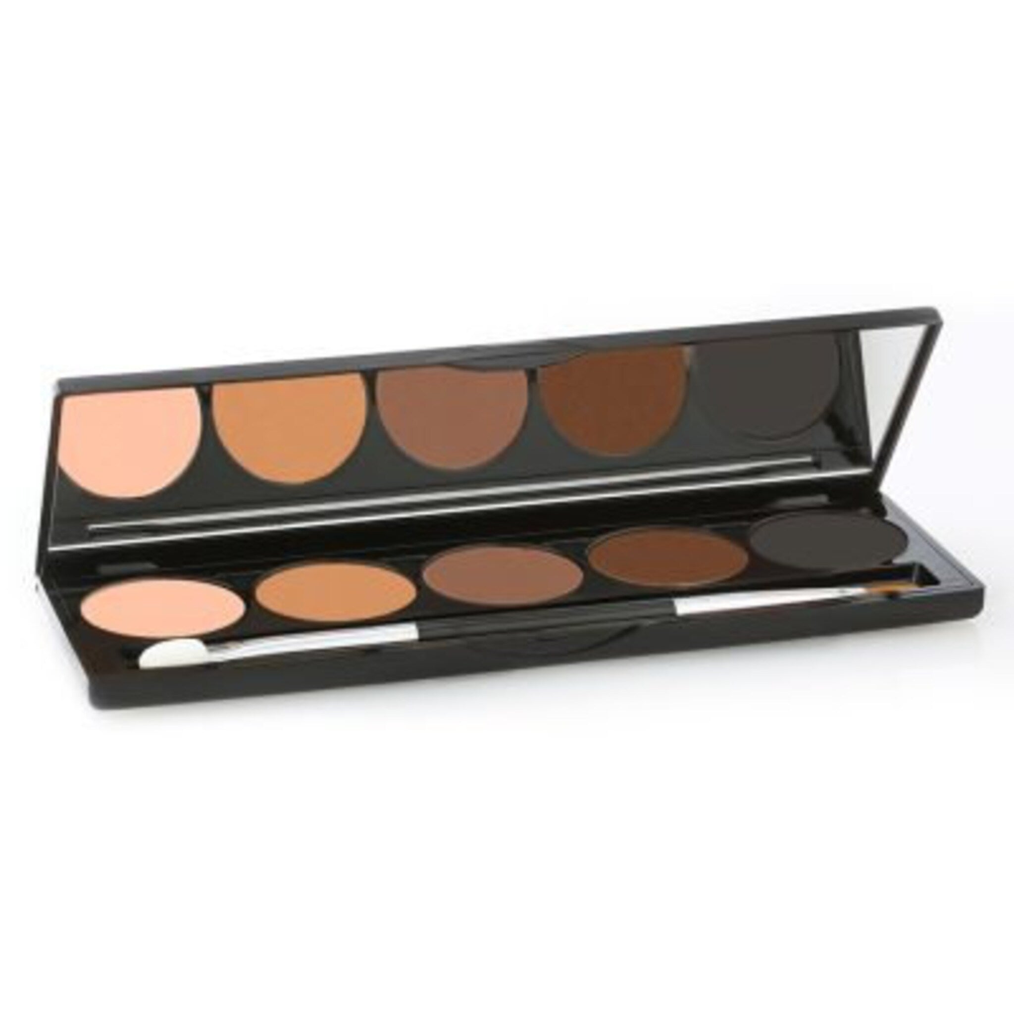 Close-up of vibrant matte and shimmer eye shadow pans in rainbow hues with smooth, pigmented textures