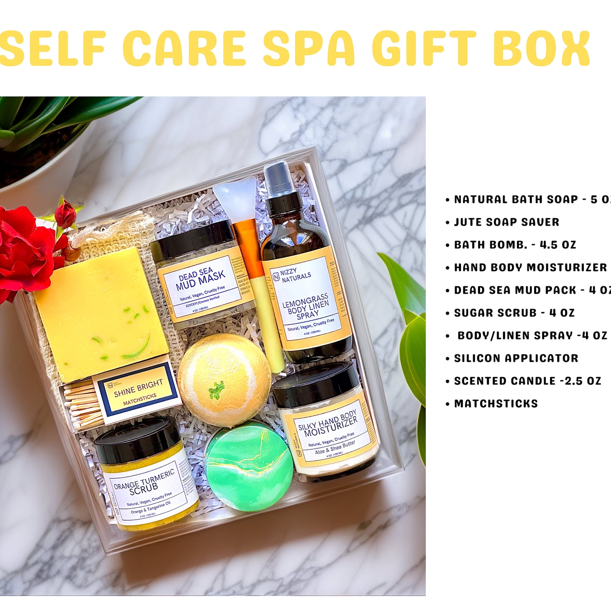 Spa gift box with yellow soap, brown bottle, and various skincare products inside