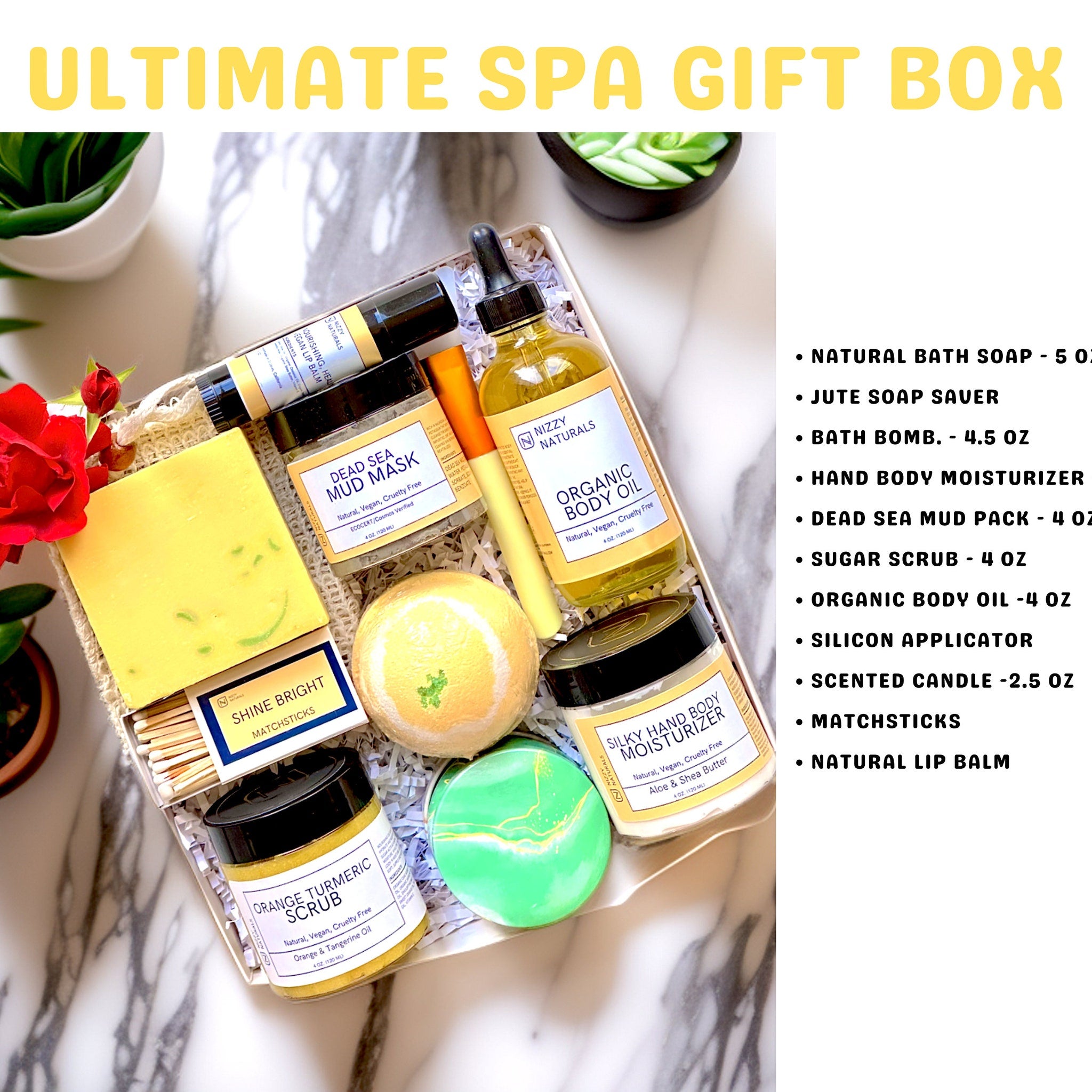 Spa gift box with yellow, green, and white items, Nizzy Naturals branding visible