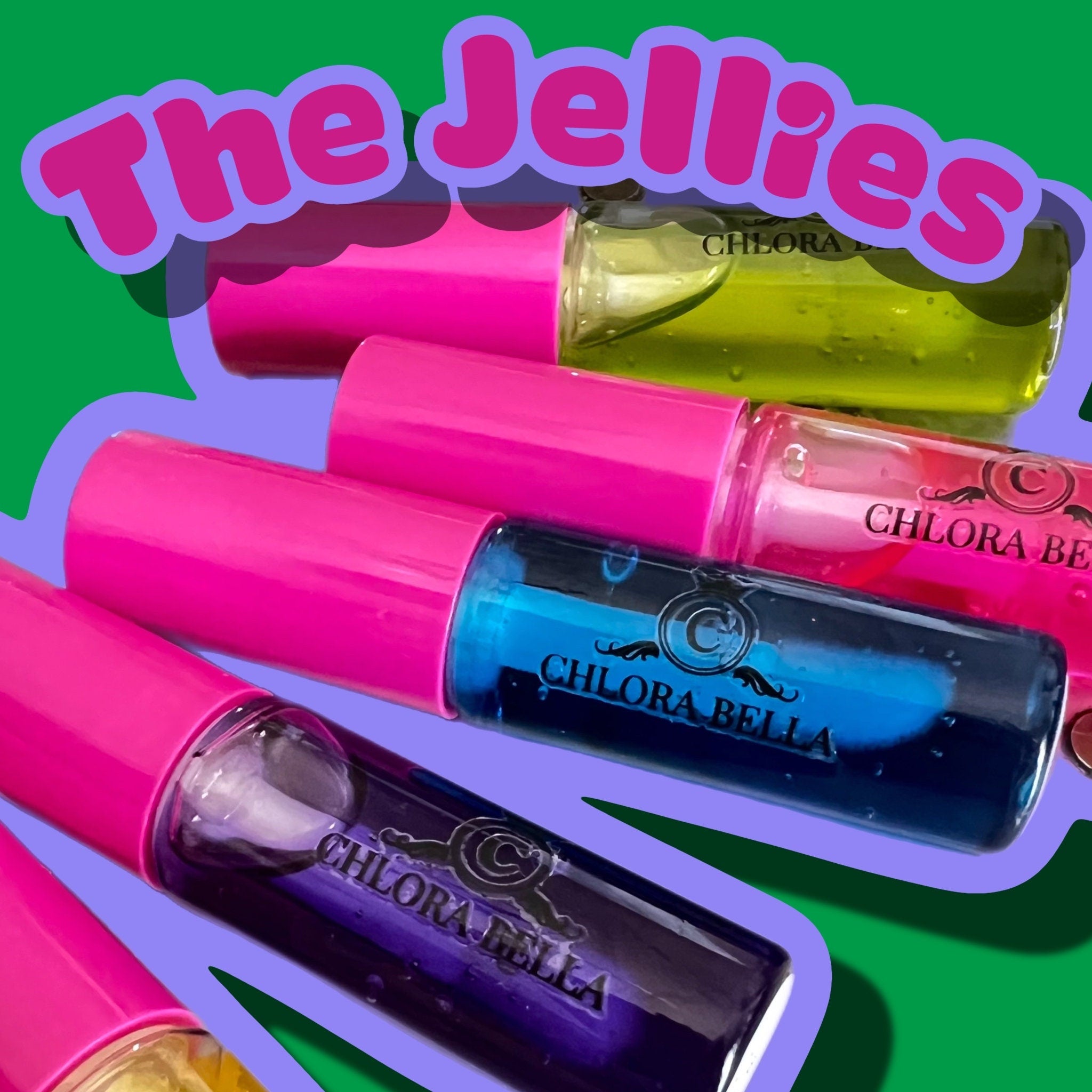 Lip gloss bottles with pink caps, various colors, and "Chlora Bella" text visible