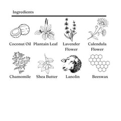 Ingredients illustration, black and white line drawings of coconut, flowers, and sheep, showing ingredients list