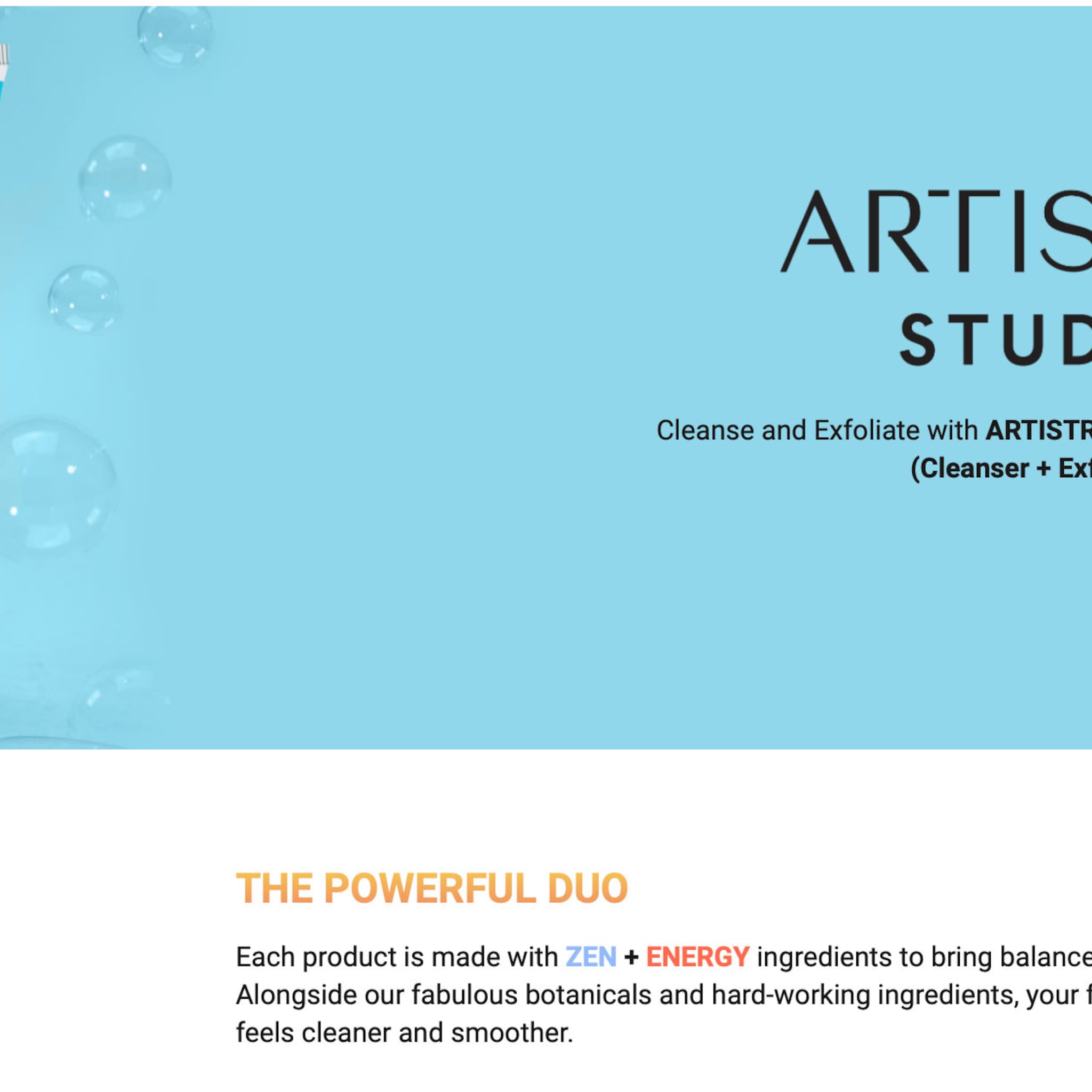 Light blue background with bubbles and ARTIS STUDIO text, for skincare products