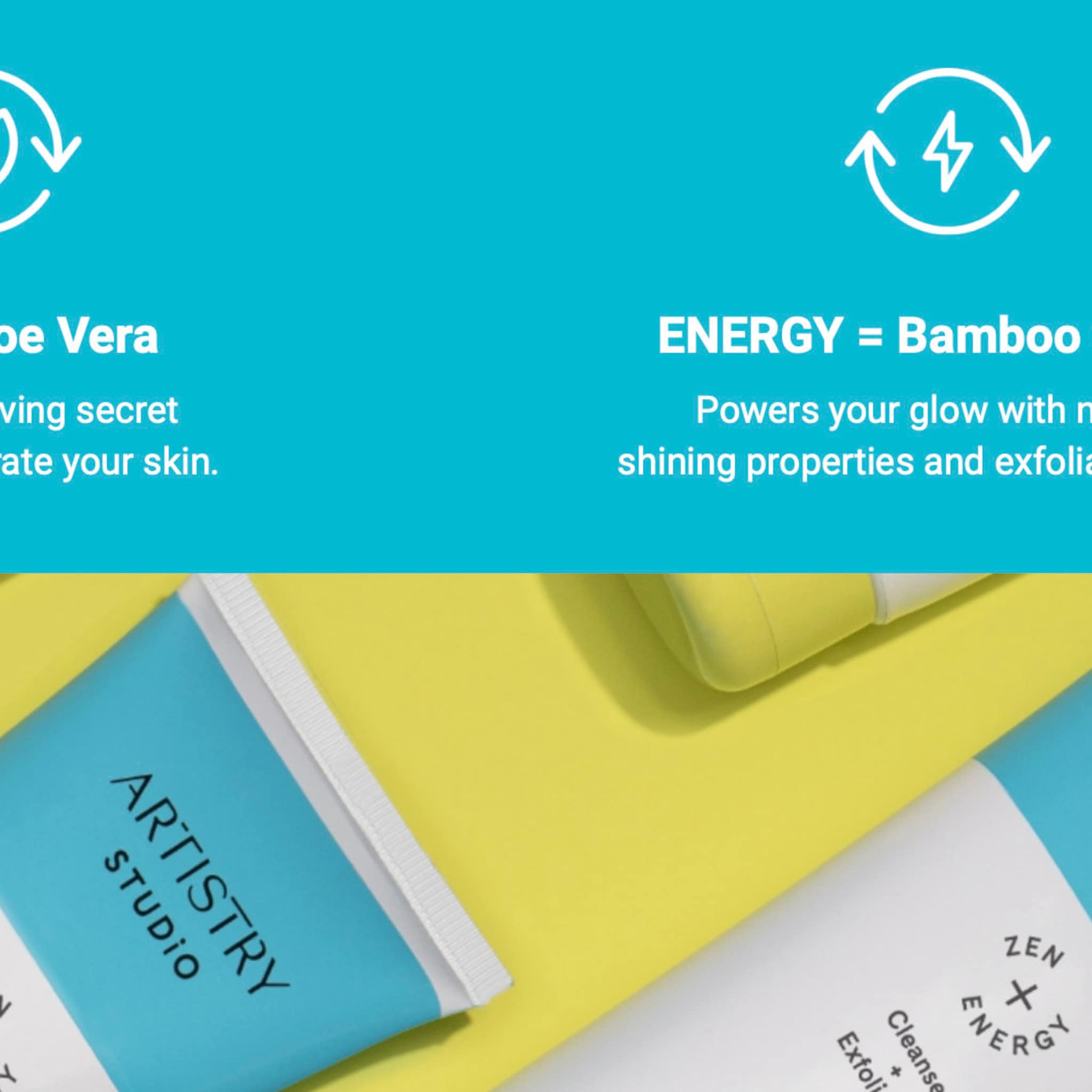 Artistry Studio skincare tube, blue and white, on yellow background, with text