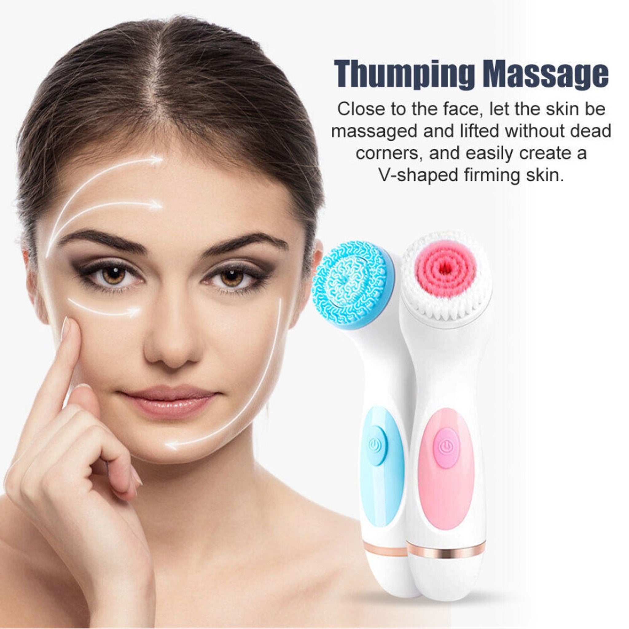 Close-up of sleek pink electric facial cleanser with three brush heads and waterproof charging base