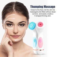Close-up of sleek pink electric facial cleanser with three brush heads and waterproof charging base