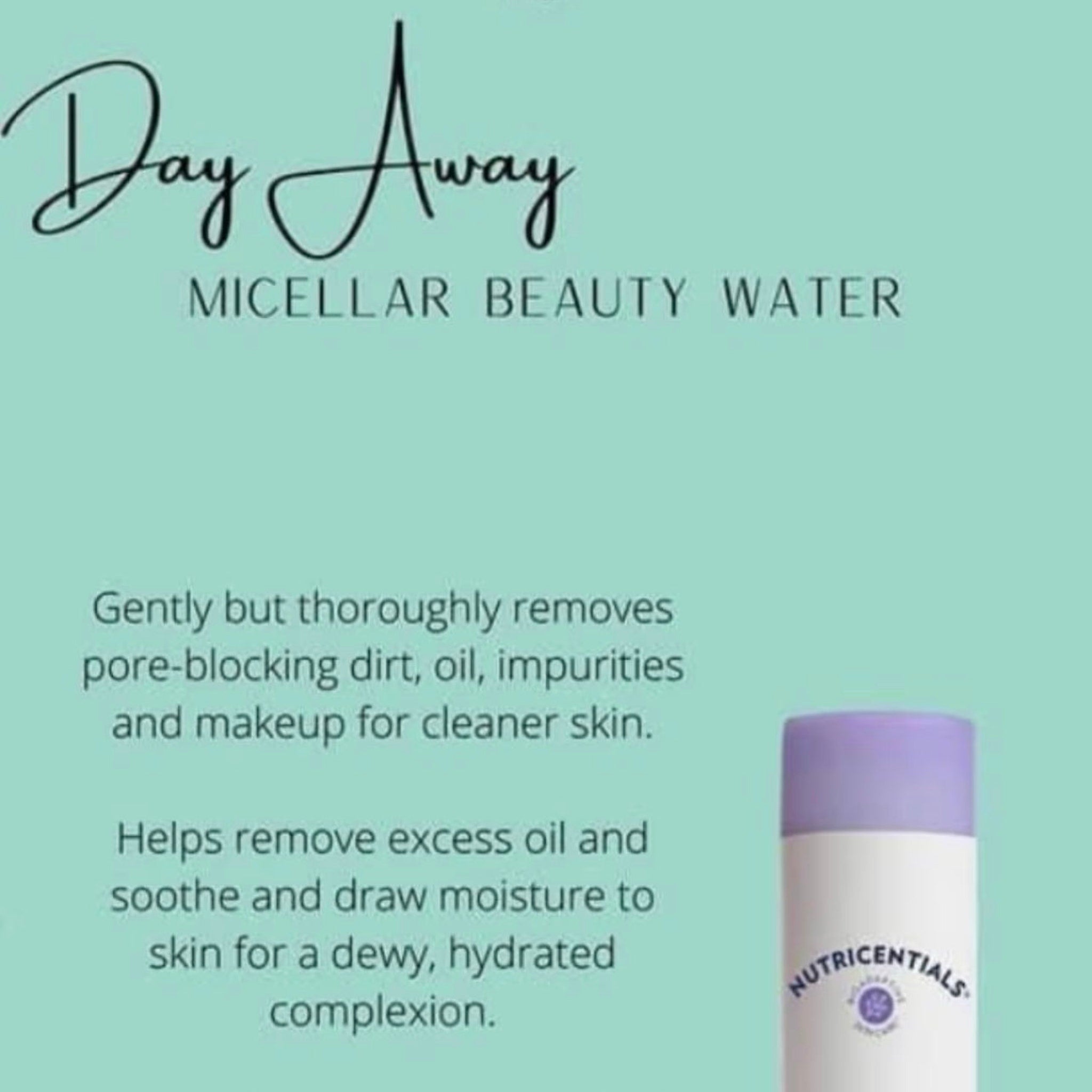 Micellar beauty water with white, purple, and mint green color scheme, Nutricentials branding visible
