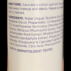 Skincare ingredients list on white background with blue text, for use with cotton pad